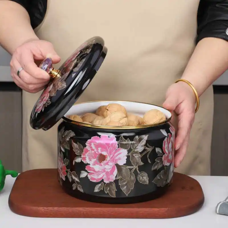 

Thickened Enamel Storage Jar with Lid Large Capacity Enamel Sugar Tanks Vintage Flower Storage Box Kitchen Supplies Organizer