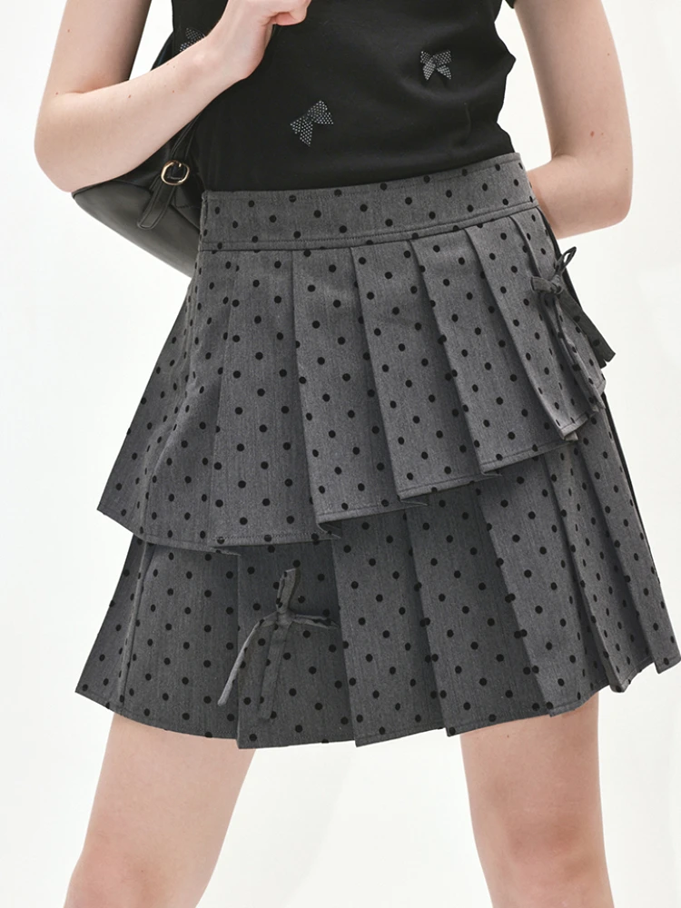 

ADAgirl Irregular Mini Skirt with Bow Grey Polka Dot Print Pleated Skirt Women Summer Korean Cute Preppy Style Uniform Clothes