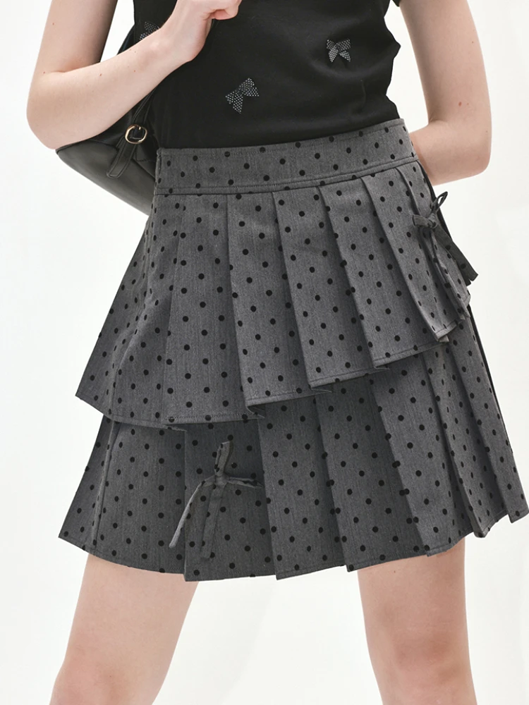 ADAgirl Irregular Mini Skirt with Bow Grey Polka Dot Print Pleated Skirt Women Summer Korean Cute Preppy Style Uniform Clothes