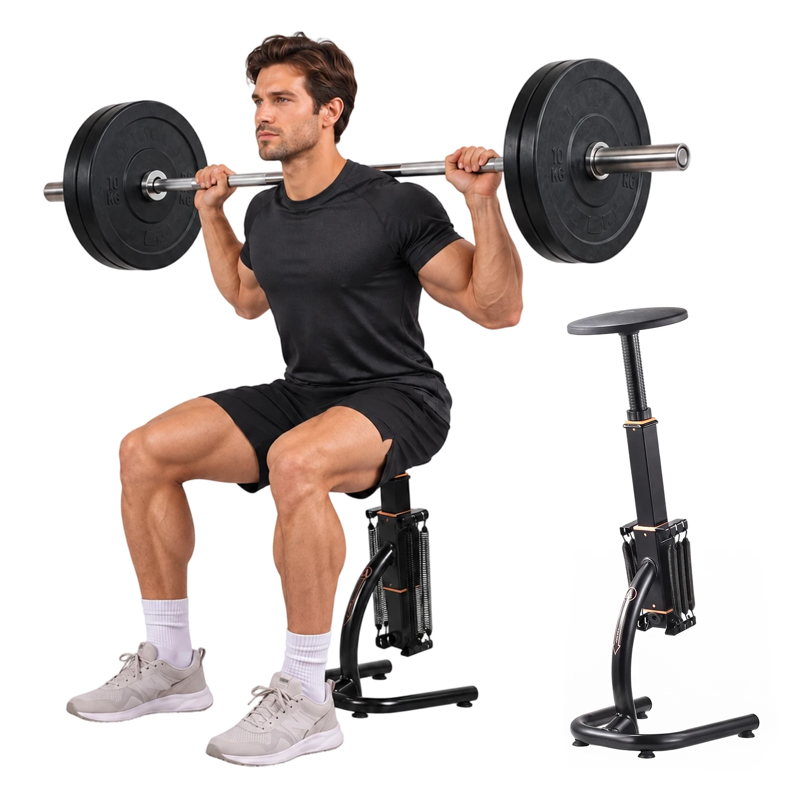 Height Adjustable Assisted Squat Machine, Seat Height Adjustable from 61 to 76 cm, Variable Intensity Glutes Trainer Fitness Butt Machine Exercise Equipment, Leg Glute Core Strengthener for Home Gym