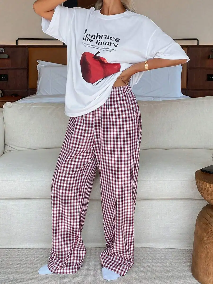 

Womens Loose Letter Print T-Shirt And Red White Plaid Straight Leg Pajama Pants Set