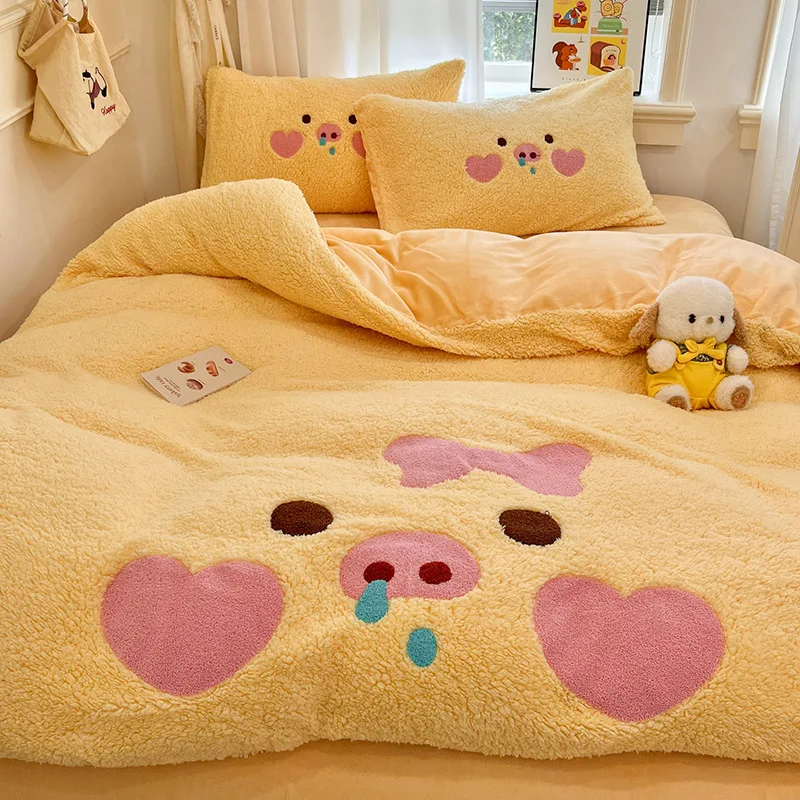 Cartoon Love Pig Warm Plush Bed Set Lovely Flannel To Sherpa Thickened Bedding Sets High Quality Winter Bedclothes for Single