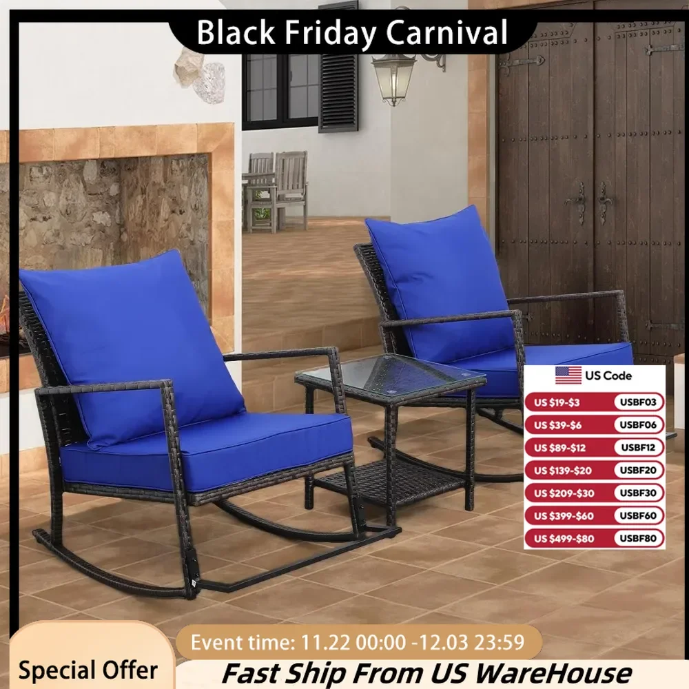 Patio Set - 3 Piece Outdoor Furniture with Rocking Chairs, Patio Table, Wicker, Royal Blue - Includes Non-Slip Cushions