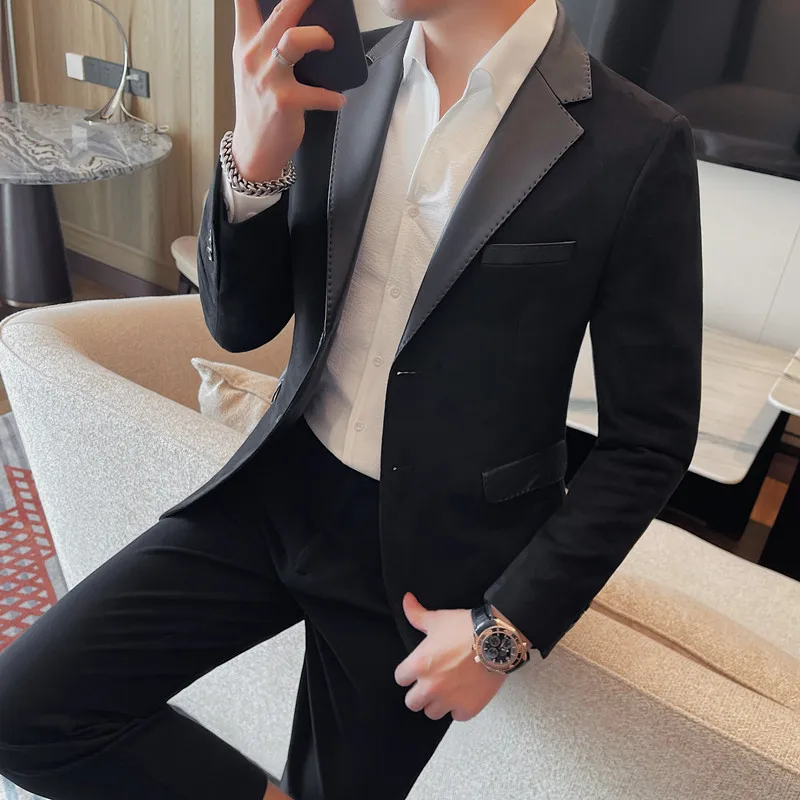 High-quality Fashion Collar Splicing Leather Single West Men\'s Solid Color Two Grain Single Breasted Business Casual Suit M-4XL
