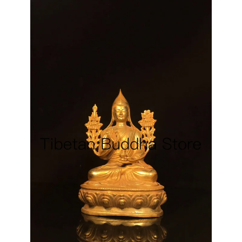 23cm Nepor Tibetan Old Bronze Buddha Bronze Plated Gold Zongkhapa Buddha Statue Ornament