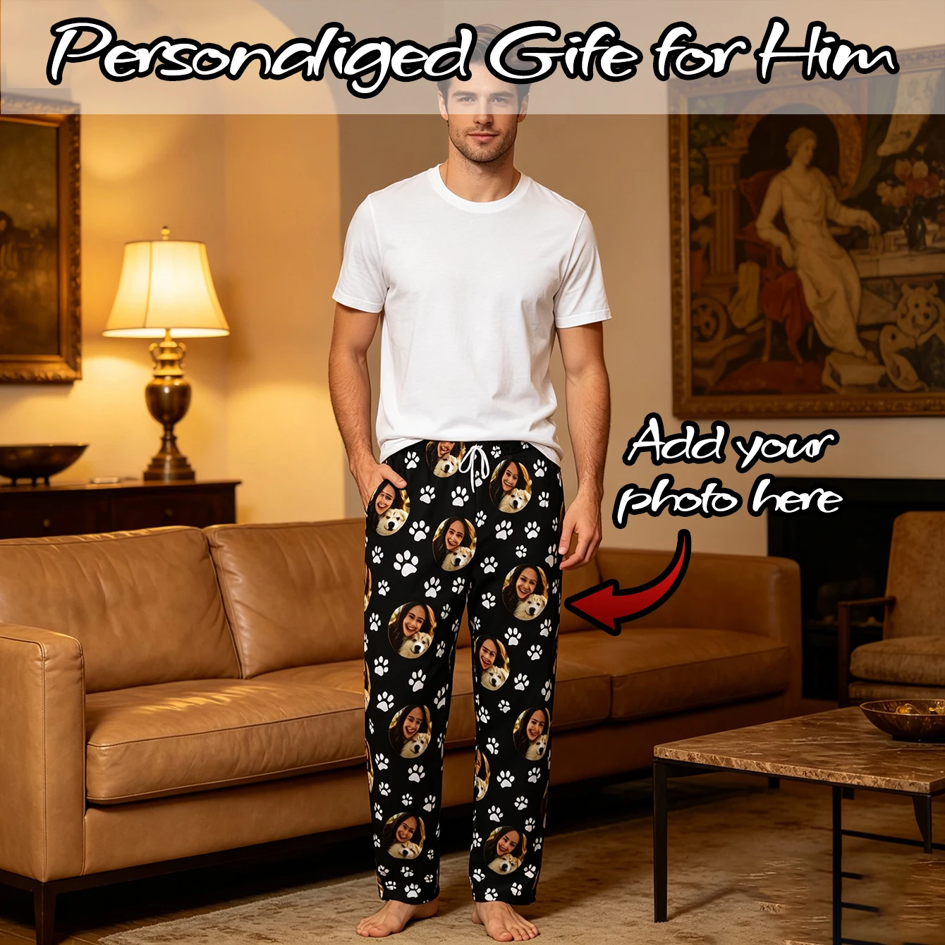 Customized sleeping pants with personalized facial photos long sleeved warm sleeping pants for both men and women  fun Christmas