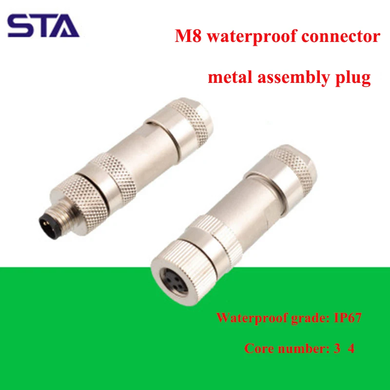 

M8 3Pin 4Pin Waterproof IP67 Connector Metal Assembly Plug Aviation Straight Movable Socket Adapter Screw Crimping Cable