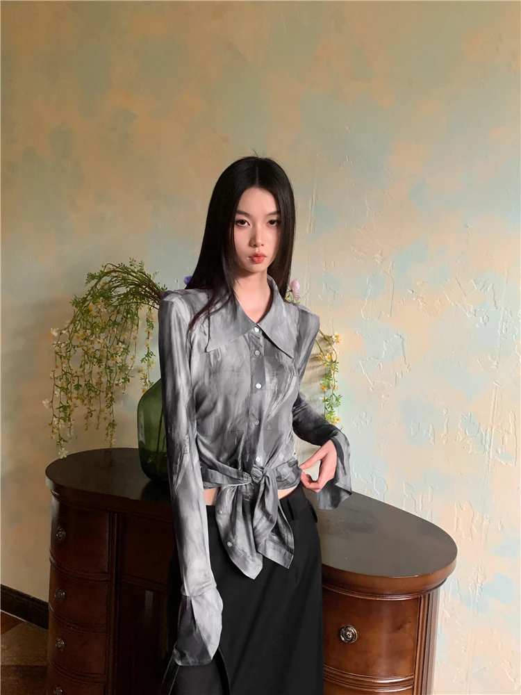 CHEERART Tie Dye Vintage Long Sleeve Shirts & Blouses Women Mesh Button Up Shirt Fashion Tops Woman 2024