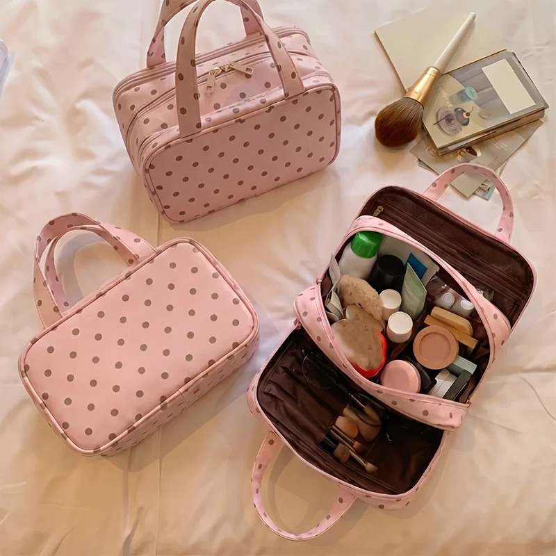 2026 New Polka Dot Pu Makeup Storage Three Multi Pocket Hanging Suitcase Travel Toiletry Handbag Large Capacity Sturdy Handle