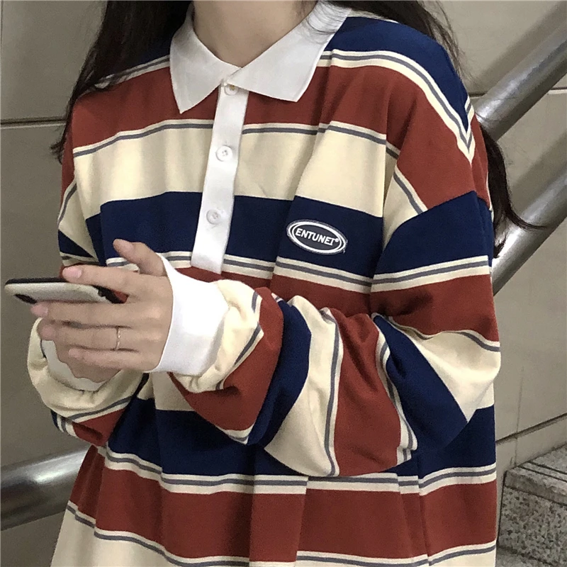 

Striped Polo Shirt Women Couple Oversized Casual T-shirt Harajuku Preppy Style Loose Pullovers Spring Autumn Long Sleeve Tops