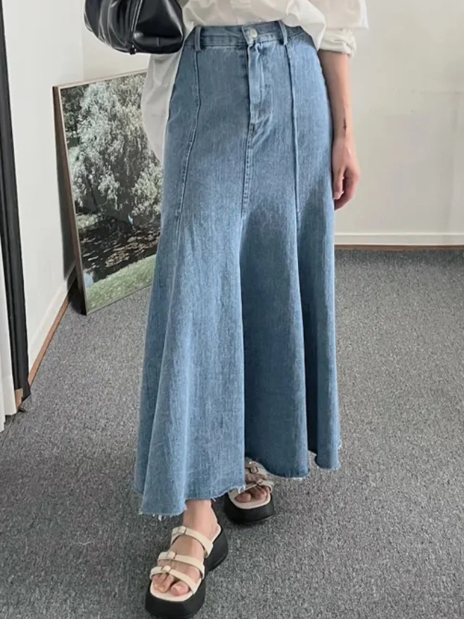 

Retro High Waist Denim Skirt Women's Body Splicing Stitching Frayed Hem A-Line Fish Tail Mid-Length Skirt Slimming Effect