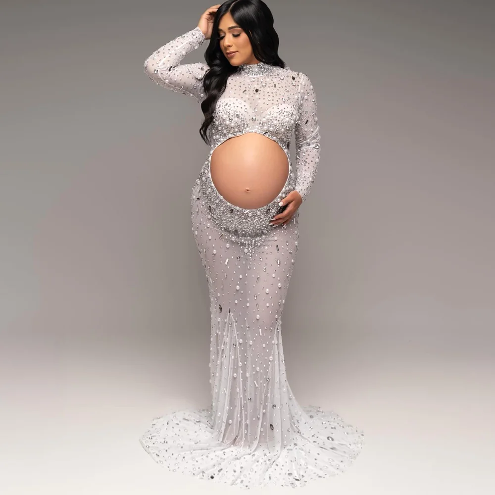 Mulheres grávidas sessão de fotos vestido elegante brilhante strass vestido de noite sexy ver através de vestidos de maternidade elásticos
