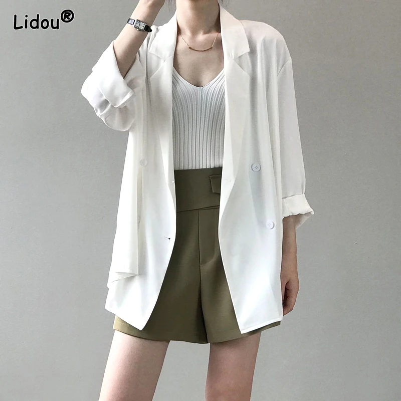 

Women Spring Summer New Chiffon Suit Jacket Fashion Generous Solid Button Splicing Loose Casual Versatile Long Sleeved Thin Coat