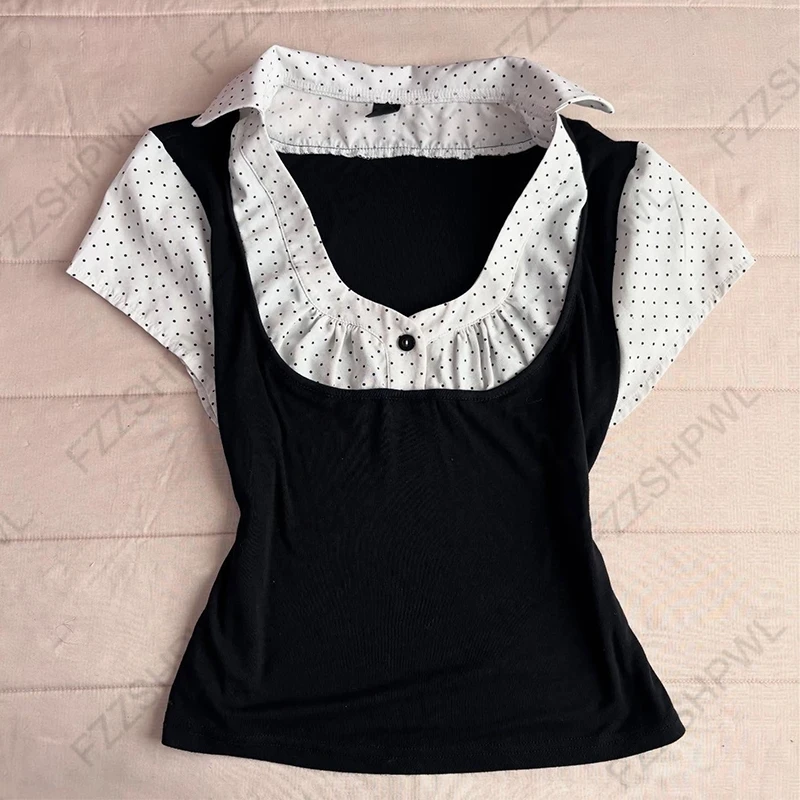 Camisa de Dos Piezas con Efecto de Parches para Mujer, Estilo Emo Gótico Y2K Jirai Kei, Informal, Ajustada, Chic, Top Corto, Estilo Harajuku Rock Punk, Ropa Urbana para Chicas