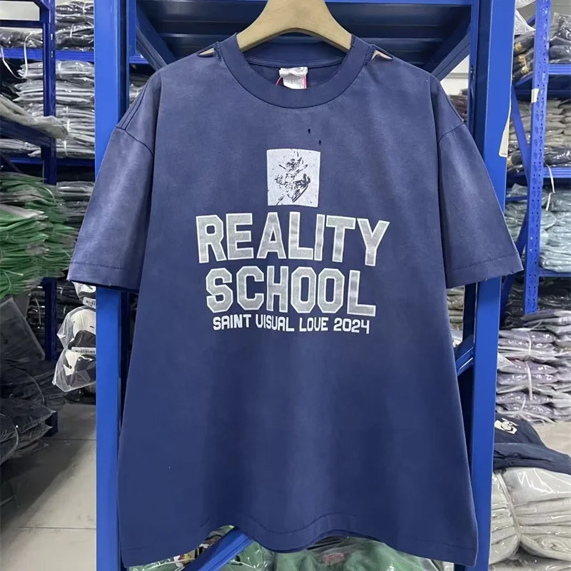 26SS High Street Vintage Washed Blue Saint Distressed T-Shirt Letter Print Cotton Premium Quality