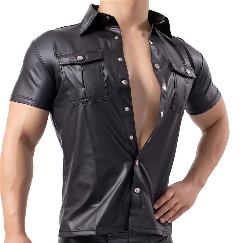 Mens Shirts Faux Leather T Shirts Nightclub Stage Costumes Short Sleeve Button Up Shirt PU Leather Latex Wetlook Dance Clubwear