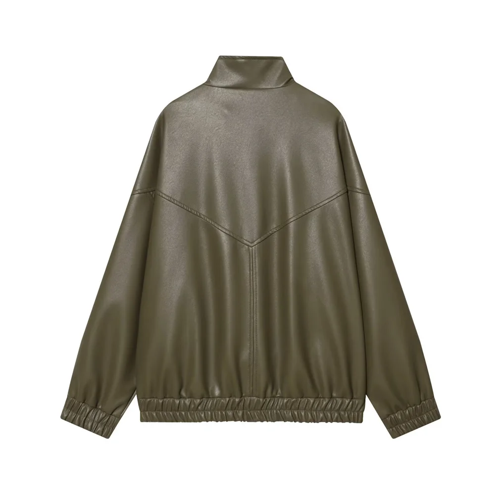 겨울 신상 여성 패션 심플하고 캐주얼한 긴 소매 스탠드업 칼라 인조 가죽 파일럿 지퍼 재킷 코트