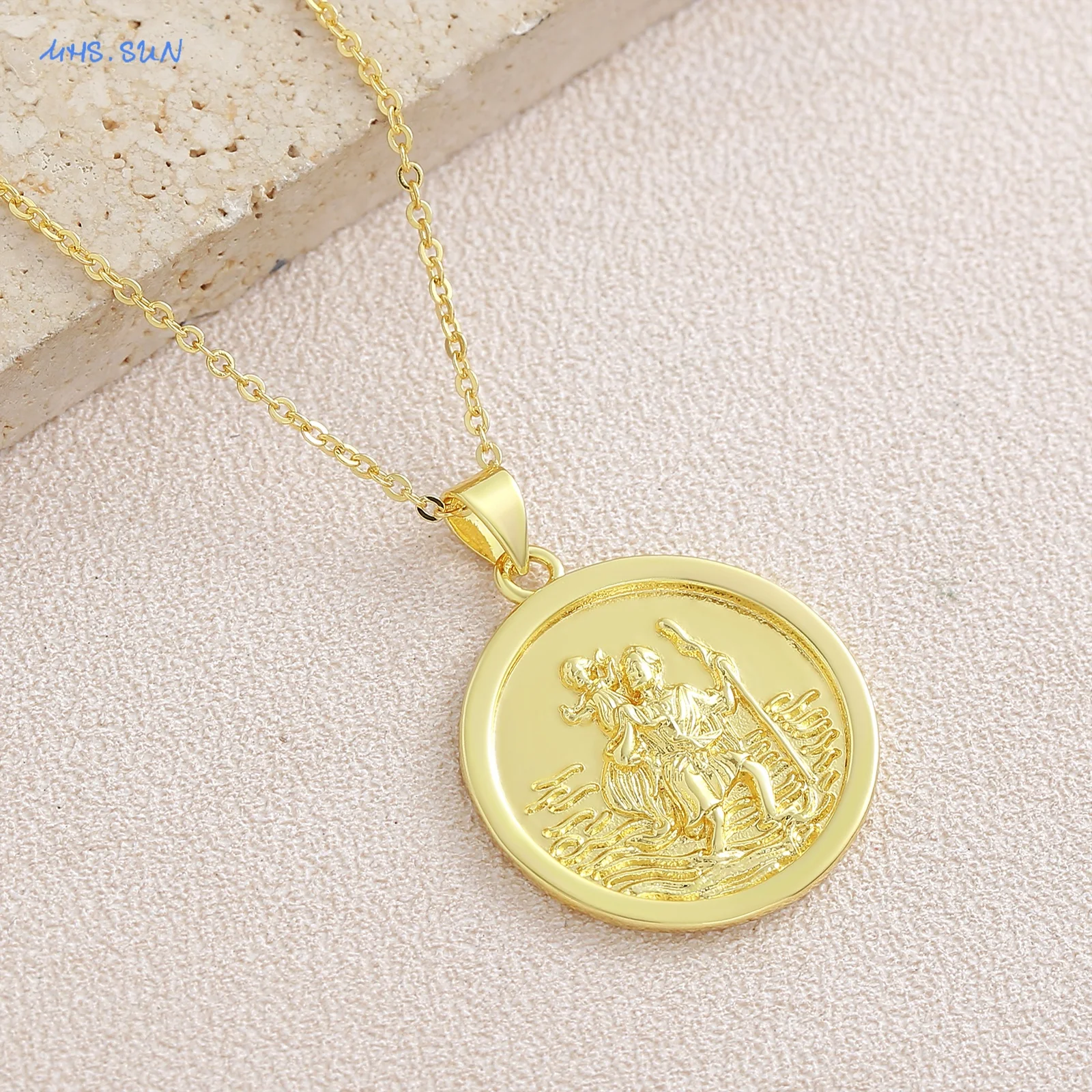 SUNSLL New Retro Style Gold Plated Round St Christopher Pendant Necklace Unisex Fashion Versatile Personalized Party Jewelry view 2
