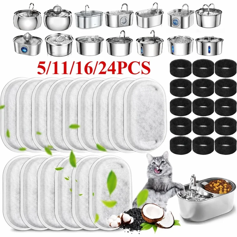 5/24PCS Replacement Filters Cat Water Fountain Filters Element For Stainless Steel Cat Water Fountain Activated Carbon Spon