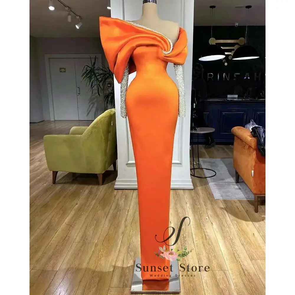 Customized Luxury Orange Evening Dress Formal Long Sleeve Boat Neck Sequined Satin Prom Dresses Special Party Elegant Women Gown