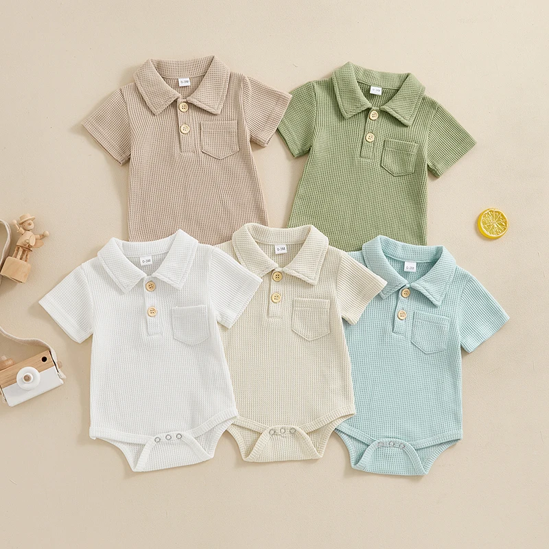 Blotona Baby Boys Summer Romper Infant Short Sleeve Lapel Button Up Solid Color Casual Bodysuits 0-12Months