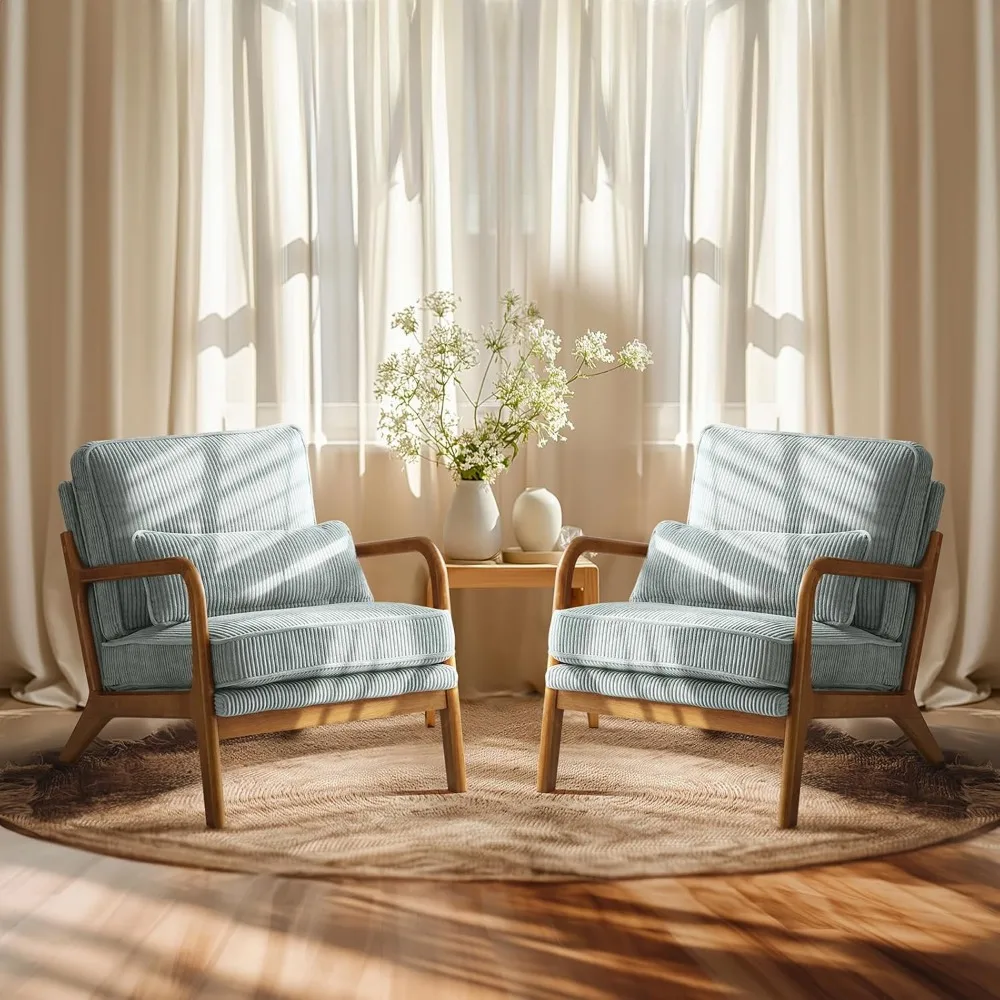 Upgraded Premium Corduroy Accent Chairs Set of 2,Upholstered Arm Chair,Solid Wood Comfy Reading Chair with Lumbar Pillow, Mid C