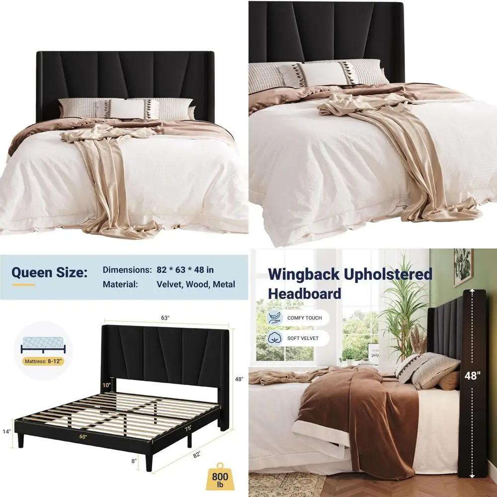 Boho Velvet Platform Bed with Geometric Wingback Headboard, Queen Size, Wooden Slat Support, No Box Spring Needed, Easy Assembly