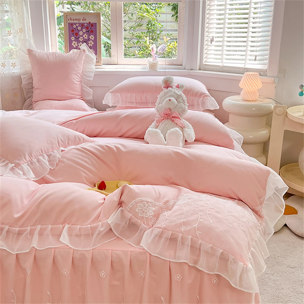 Princess Style Girls Pink Bedding Set Bed Skirt With Lace Korean Solid Color Quilt Cover Pillowcase Bedroom Decor Home Textiles