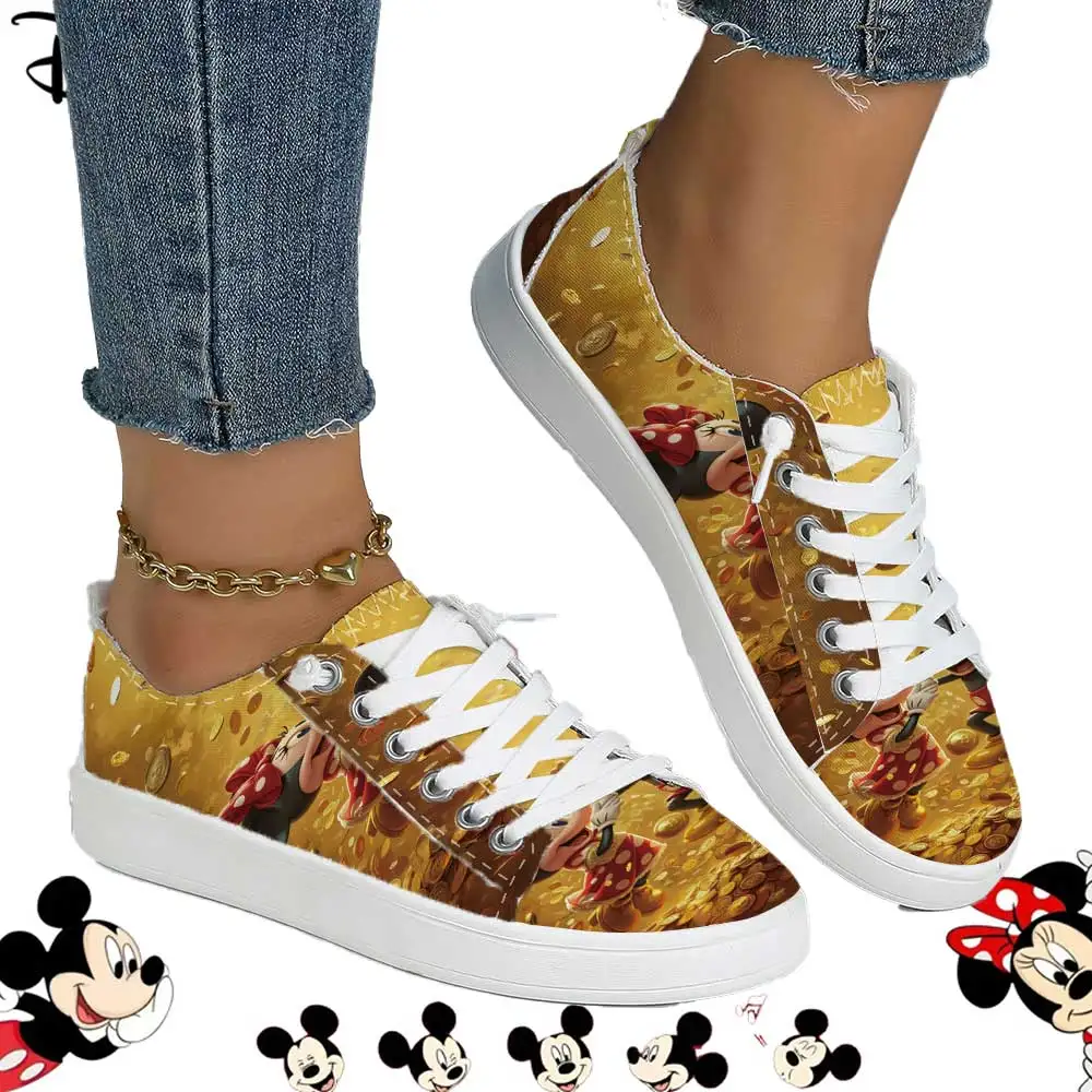 Zapatillas de lona con estampado de tesoros de monedas de oro de Mickey y Minnie de Disney – Zapatos casuales de caña baja con cordones para mujer