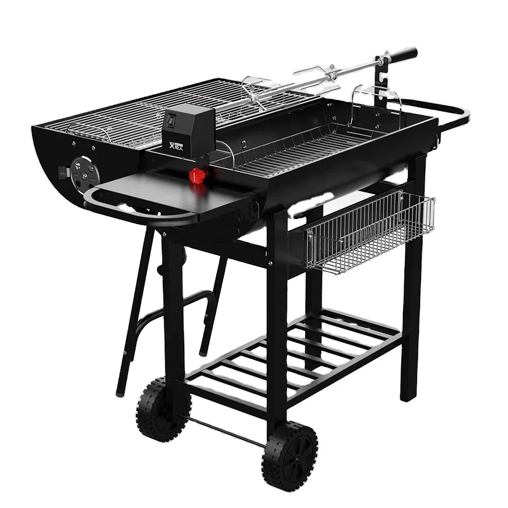 

SS304 Grid Outdoor Folding Portable Barrel Trolley Smoker Double Cooking Areas Charcoal BBQ Grill with optional Rotisserie