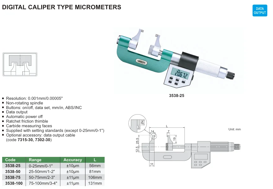 Insize 3538-25 Measuring Range 0-25mm Graduation 0.001mm/0.00005" DIGITAL CALIPER TYPE MICROMETER