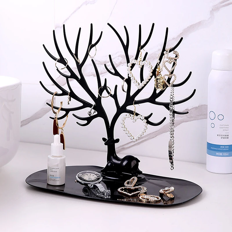 Desktop Jewelry Display Organizer Multi functional Tree Stand With Tray Earrings Necklaces Rings Jewelry Storage Box Decoration