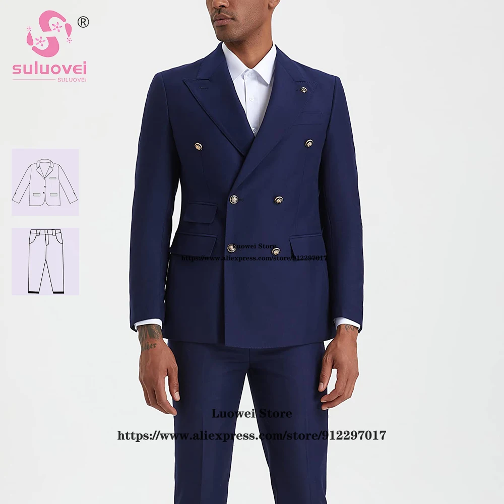 

Fashion Peaked Lapel Tuxedo Suits For Men Slim Fit 2 Piece Pants Set Formal Groom Wedding Party Double Breasted Blazer Masculino