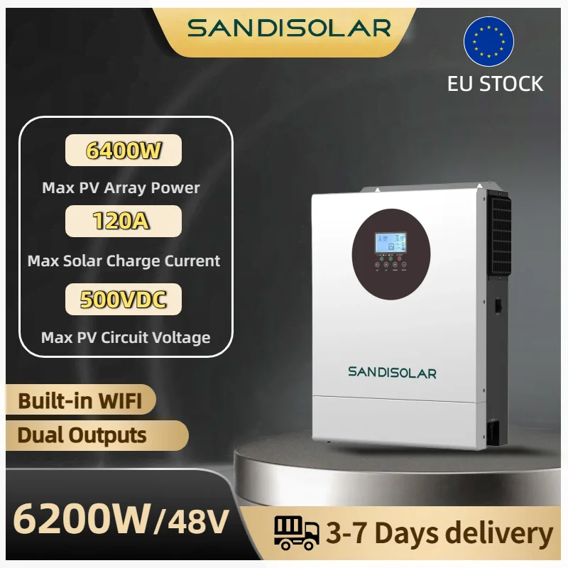 SANDISOLAR 6,2KW Hybrid-Solarwechselrichter 48V 220V Netzunabhängiger Reiner Sinuswellen-Wechselrichter 120A MPPT Solar-Batterieladegerät Mit WLAN