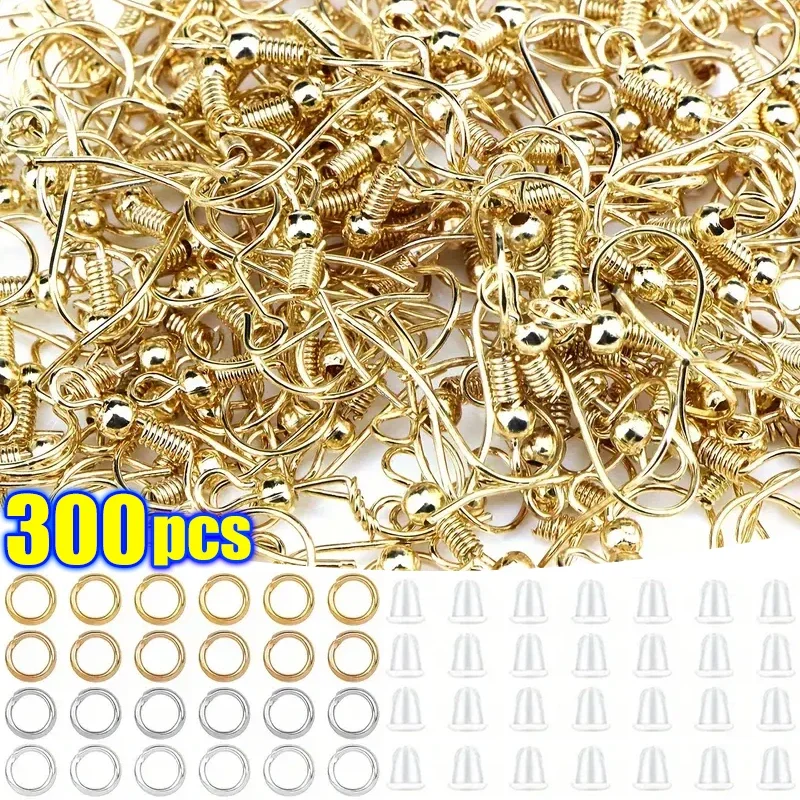 300pcs/set Hypoallergenic Earring Hook Kit Mix-color Ear Wires Fish Hooks Open Jump Rings Earplugs For DIY Jewelry Making