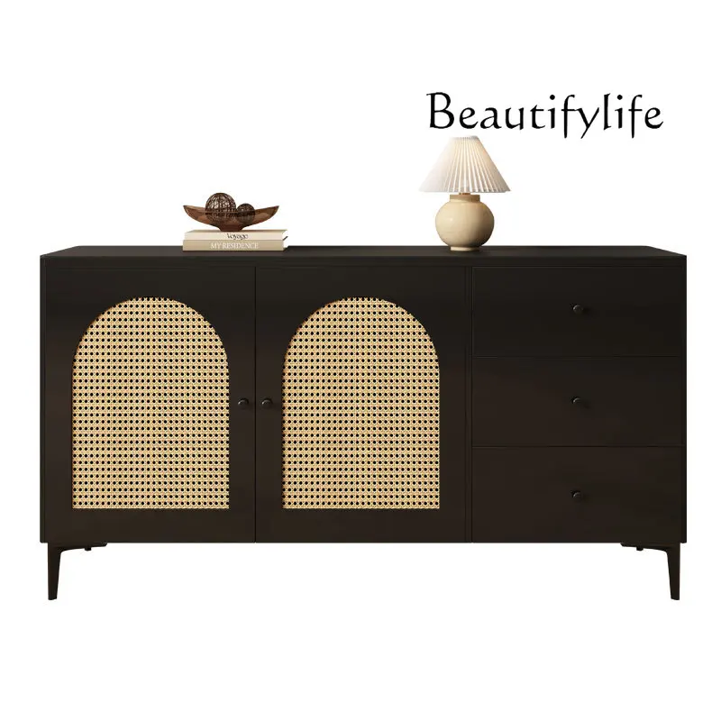

Medieval style all-solid wood dining side cabinet Japanese-style household simple rattan entrance storage cabinet