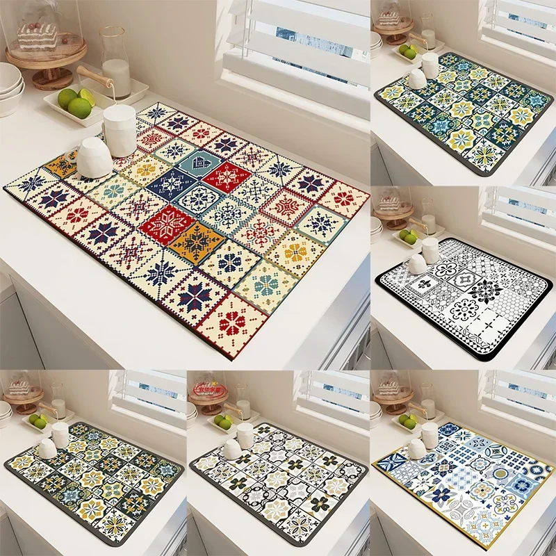 Carpet Countertop Bedroom Rug Absorbent Cup Mat Retro Kitchen Drain Mat Water Controlled Tableware Chopsticks Decoration Home