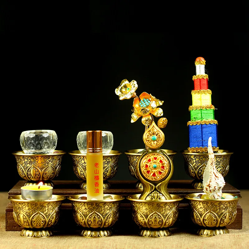 Buddha's Eight Offerings Package Pure Copper Eight Auspicious Offerings Cup with Seven Gems Sandalwood Oil Duo Ma Ornament