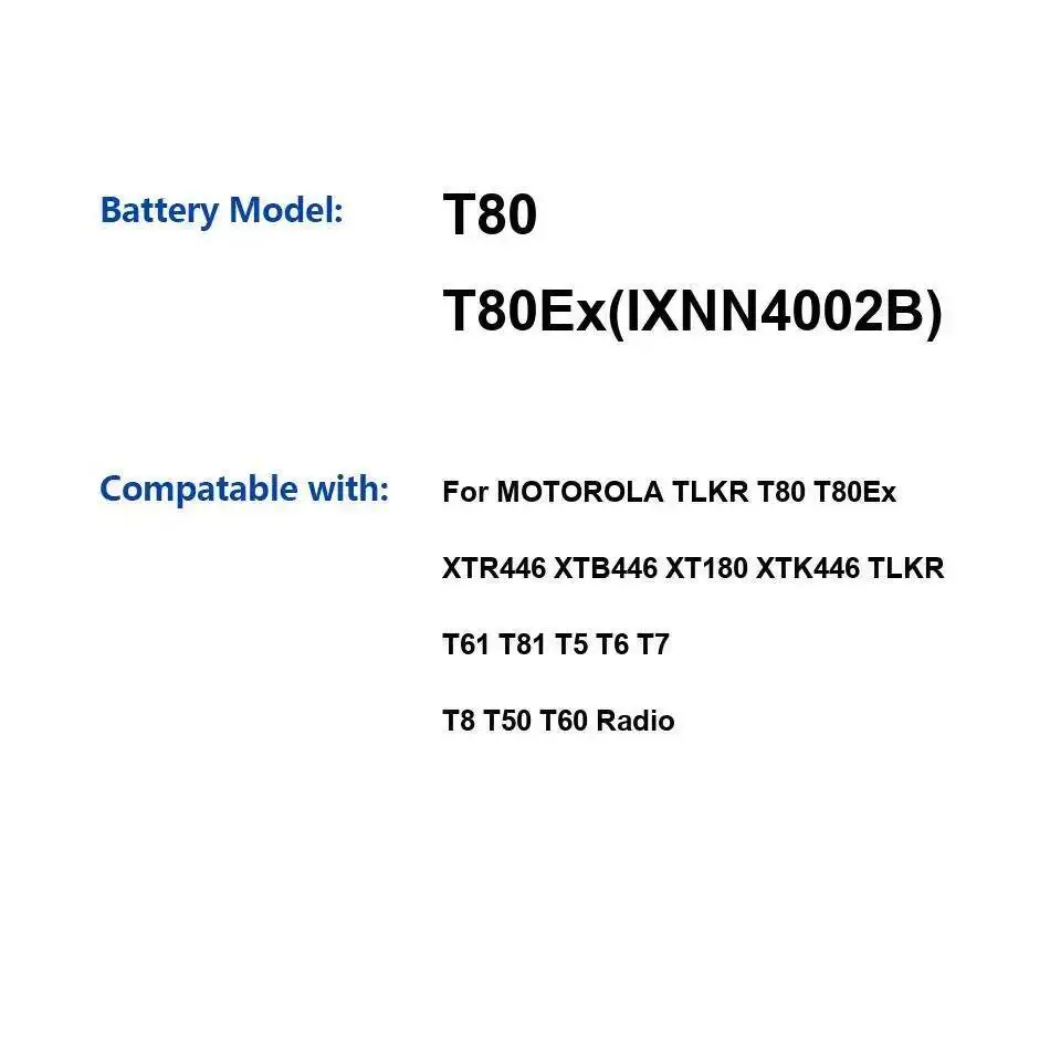 Стабильный аккумулятор 800 мАч для Motorola Moto Tlkr T80 T80ex XTR446 XTB446 XT180 XTK446 T61 T81 T5 T6 T7 T8 T50 T60 IXNN4002B Стабильный аккумулятор 800 мАч для Motorola Moto Tlkr T80 T80ex XTR446 XTB446 XT180 XTK446 T61 T81 T5 T6 T7 T8 T50 T60 IXNN4002B