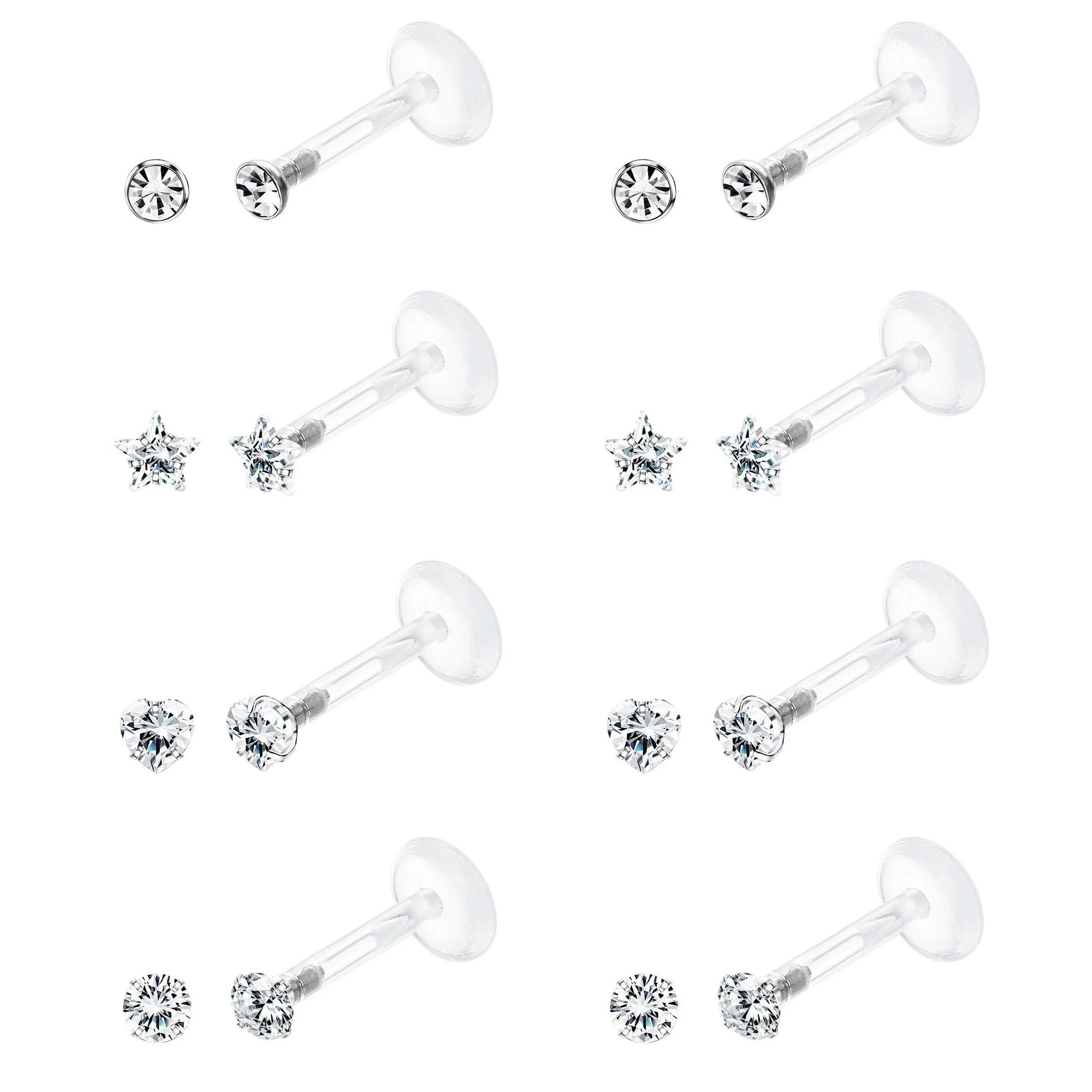 8 Pairs Of Acrylic Cartilage Tragus Earrings Lip Stud Nail Ring Set Inlaid White CZ Barbell Body Piercing Jewelry 6mm 8mm 10mm