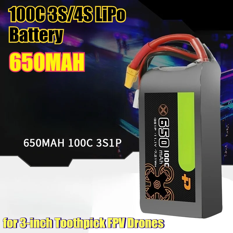 

650mAh 100C 3S/4S LiPo Battery for 3-inch Toothpick FPV Drones High-Performance Power Pack Brushed/Brushless Micro Quadcopters