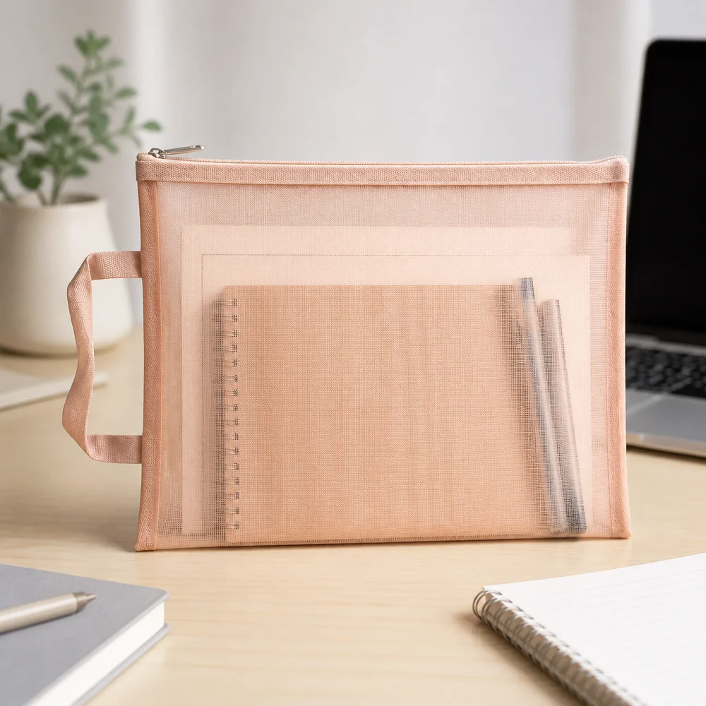 New Nylon Mesh Zip Bag A4 Transparent File Storage Bag Morandi Style Dust Resistant Cosmetic Makeup Bag Office Supplies