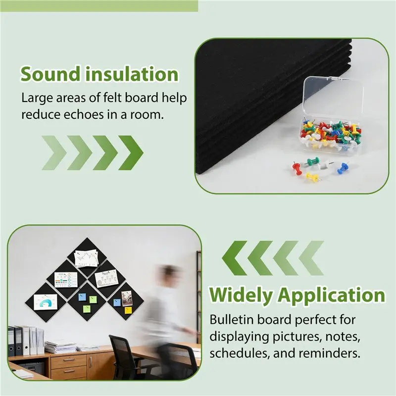 Ingenious-Versatile 6 Pack Black Felt Wall Tiles, Cork Board Substitute, Includes 50 Pushpins For Wall Display