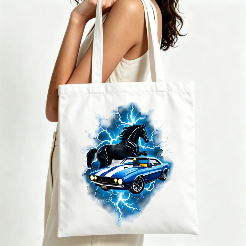 canvas tote bag with horse and racing car graphic, retro style for casual daily use and summer shopping