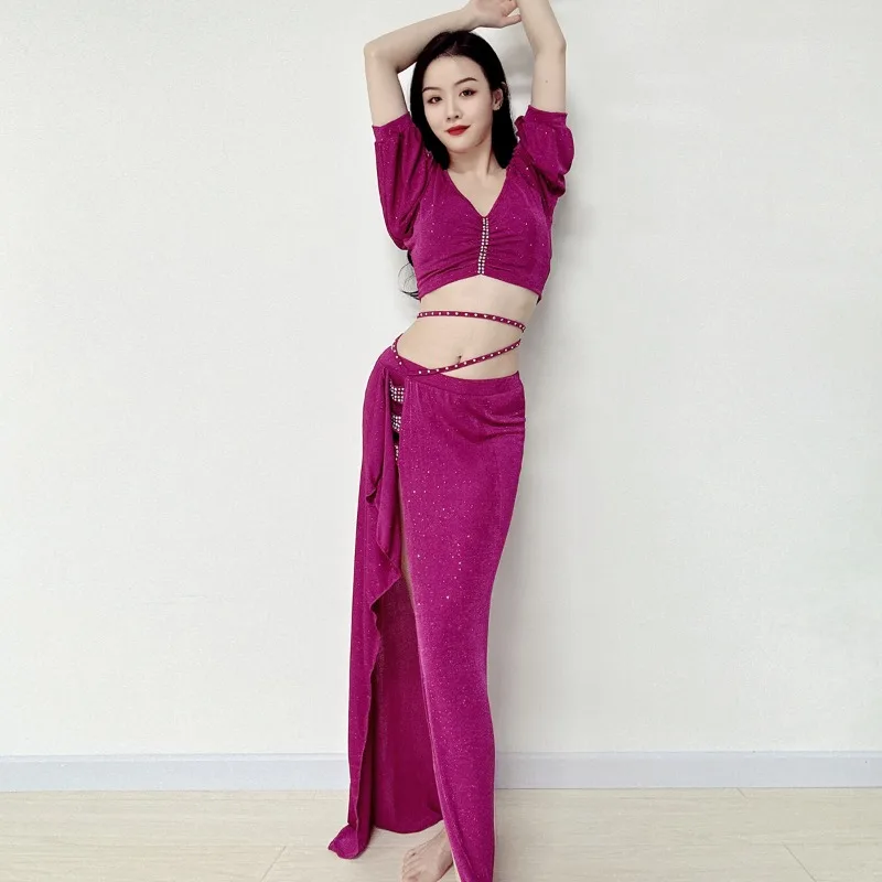 

Customized Light Luxury Belly Dance Costumes Practice Clothing Set Eastern Dance Suit Middle Sleeve Top and Skirt with Leggings