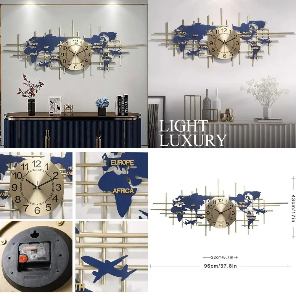 

Contemporary Metal Wall Clock - Silent Quartz Movement - 3D World Map Design