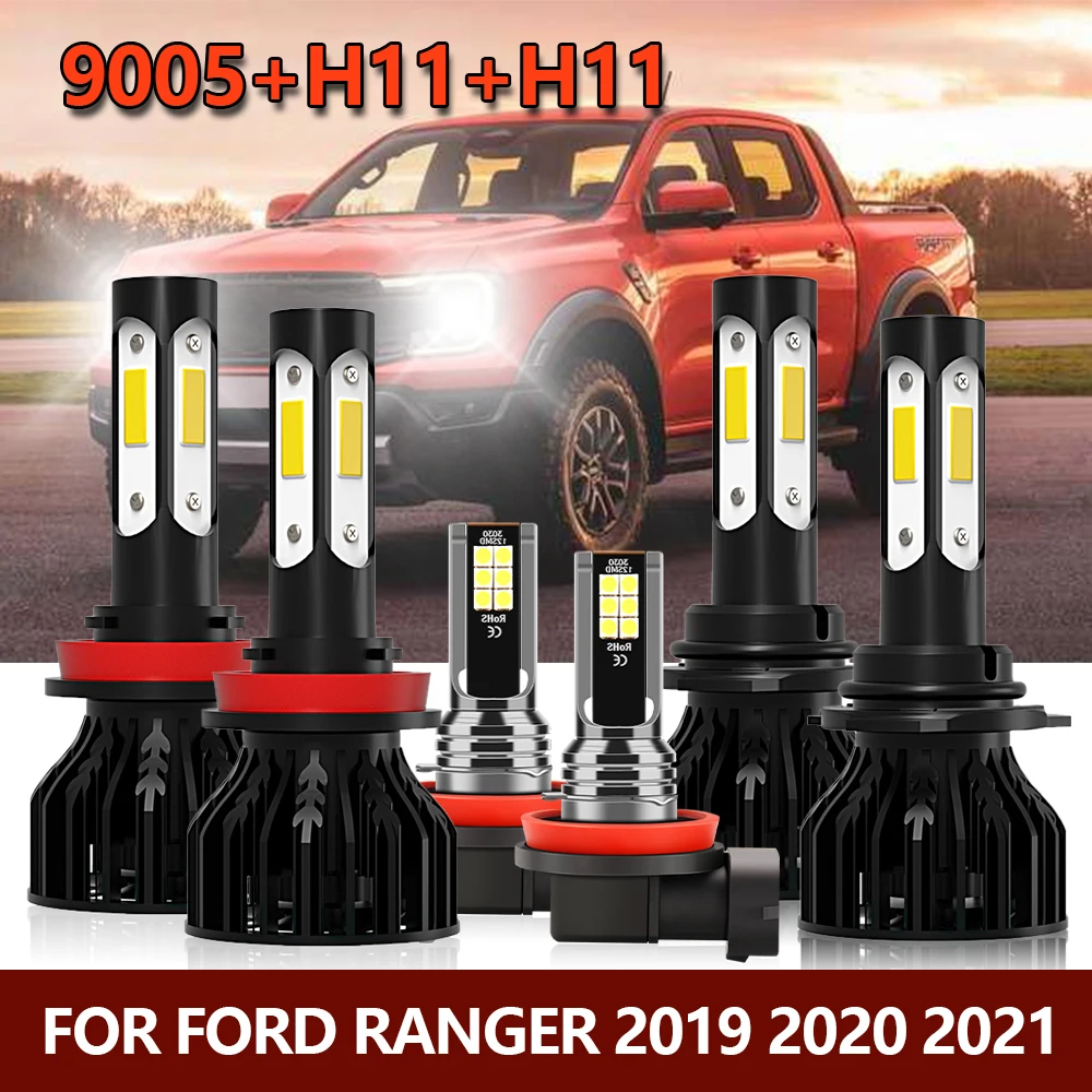 6x LED Headlight High Low 9005/HB3 H11 Four-sides Lamps+Fog Light Combo Front Car Bulbs White Kit For Ford Ranger 2019 2020 2021