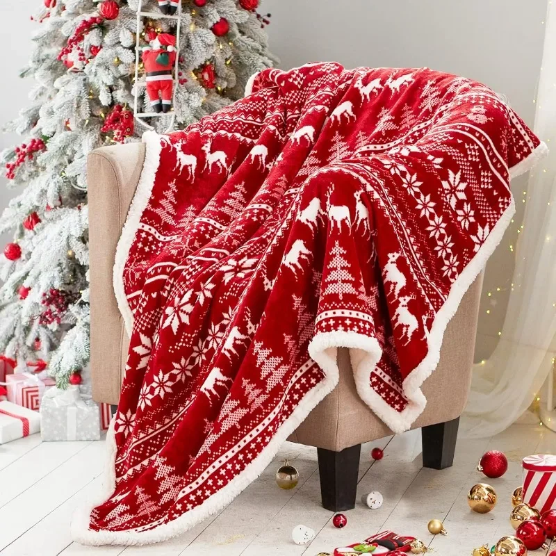 Touchat Red Sherpa Weihnachts-Überwurfdecke, flauschig, weich, gemütlich, Flanelldecke für Couch, Bett, Sofa, Büro, Dekoration, Neujahr