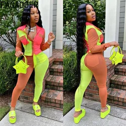 Fagadoer Neon Kleur Patchwork Tweedelige Set Vrouwen Knoopsluiting Met Volledige Mouwen En Leggings Outfits Herfstclub Verjaardag Trainingspakken