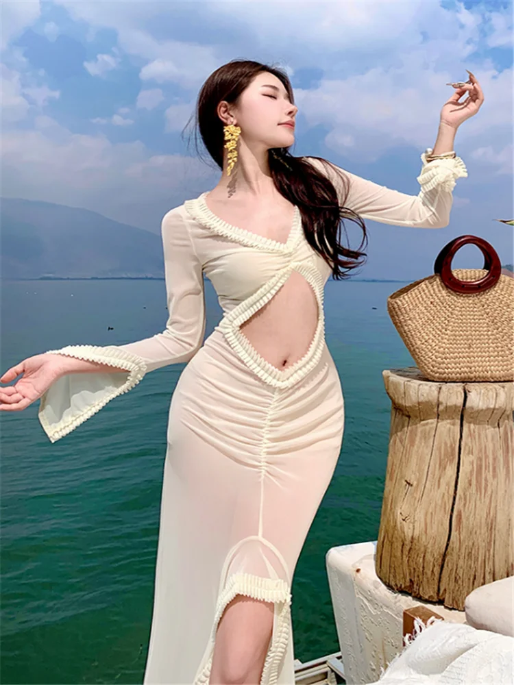 

Women Sexy Hollow Out High Split Beige Sheer Mesh Long Dress New Summer Holiday V Neck Beach Seaside A Line Fairy Photo Dress